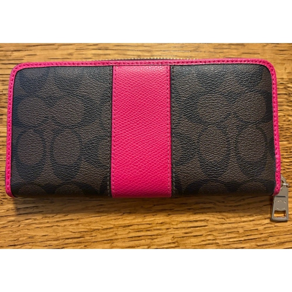 NEW Coach Accordion Zip Around Wallet Signature Canvas Brown / Dark Magenta - Picture 5 of 10